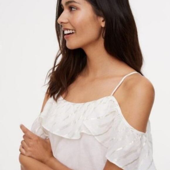 LOFT | NWT Cream & Metallic Gold Stripe Ruffle Accent Cold Shoulder Knit Shirt - Picture 3 of 11